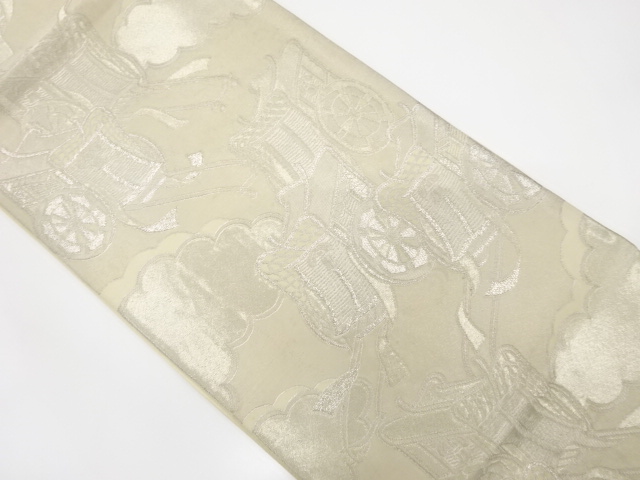 JAPANESE KIMONO / ANTIQUE FUKURO OBI / SILK / WOVEN CARRIAGE & CLOUD